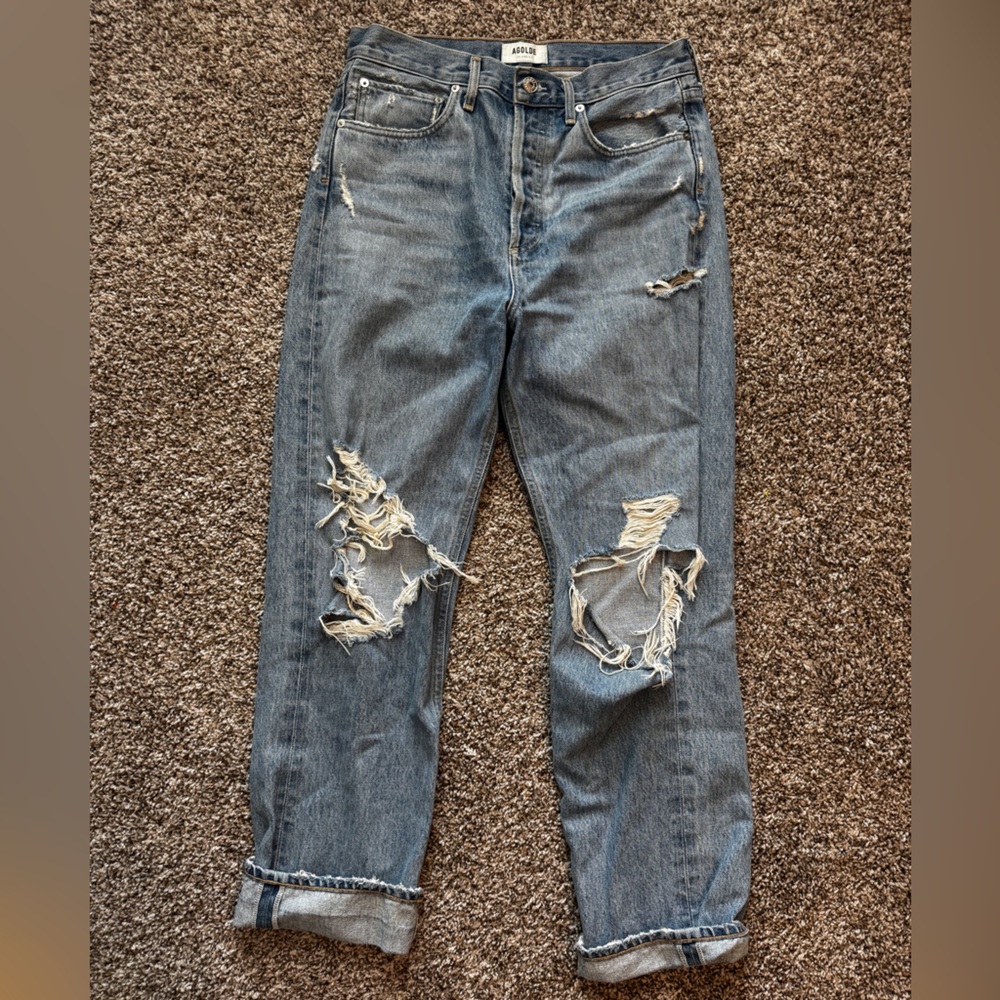 Agolde Distressed Boyfriend Jeans in Classic Blue